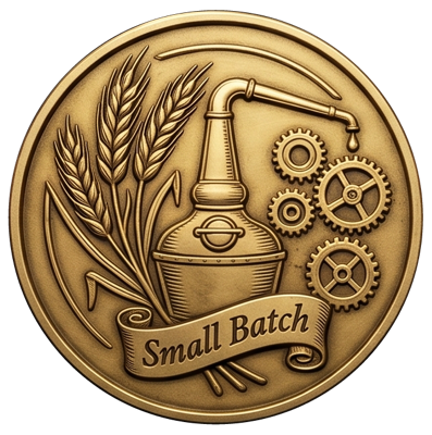 Craft — Small batch coin with wheat, copper still, and gears