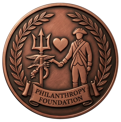 Philanthropy Foundation — trident, heart, and officer figure coin